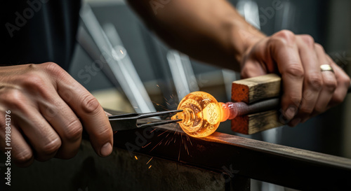 Glassblower shaping molten glass with tools in a workshop.