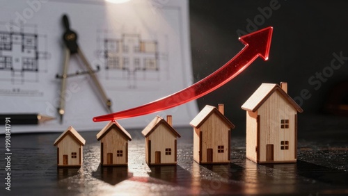 Real Estate Market Growth Concept with Red Arrow and Wooden Houses
