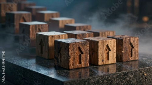 Wooden Direction Cubes on Dark Reflective Surface with Fog