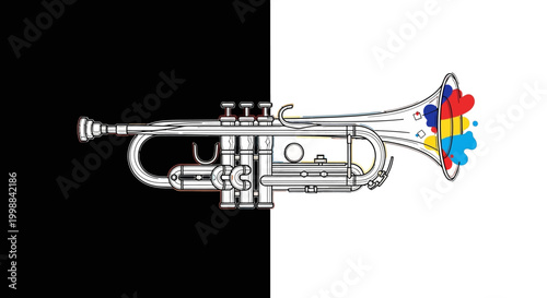 Colorful trumpet illustration on black and white background.