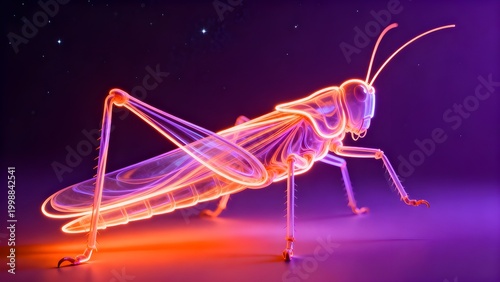 A 3D render of a grasshopper made of glowing orange and purple neon lines against a dark starry background. Vibrant synthwave aesthetic with futuristic digital lighting.