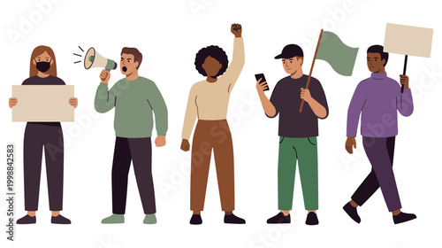 Protesters with signs and megaphone standing in diverse group for activism.