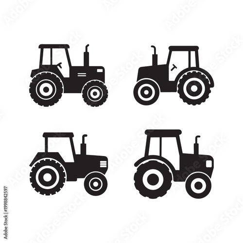 Four black silhouette tractor icons in different positions on white background for agriculture or farming concepts  various views of tractors