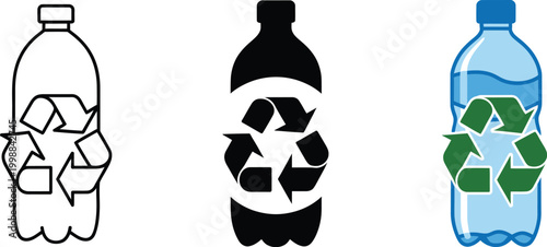 Plastic recycling icon vector bottles green leaves arrows sustainable packaging PET concept