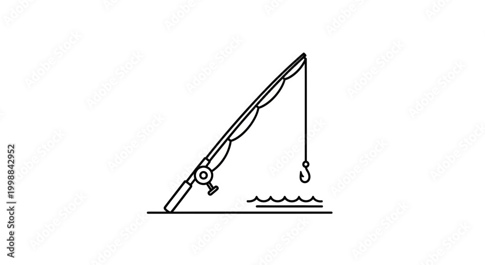 Fototapeta premium Fishing rod with hook and line over water, minimalist line art icon