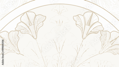 Art deco inspired gold botanical pattern with floral design and arches on white background