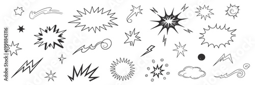 Hand-drawn doodle stars, bursts, comic explosions, and speech bubbles.