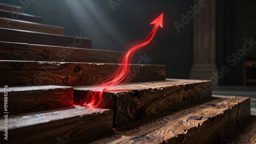 Success Concept Glowing Red Arrow Climbing Wooden Stairs