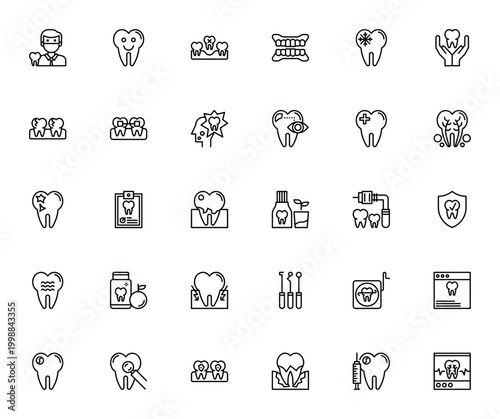 Dental Care icon set. Vector dental symbols collection. Includes dentist, braces, cleaning, cavity, anesthesia, tools and more. Editable thin line icons.
