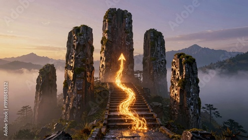 Golden Energy Path on Ancient Stone Stairs in Fantasy Landscape