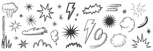 Set of hand-drawn doodle starbursts, explosions and comic elements.
