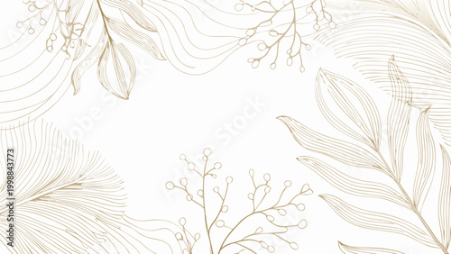 Elegant gold botanical outline composition with leaves and flowers on white background for design and decoration purposes