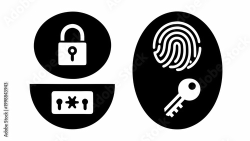 Vector icons of password protection symbols including lock key fingerprint and password