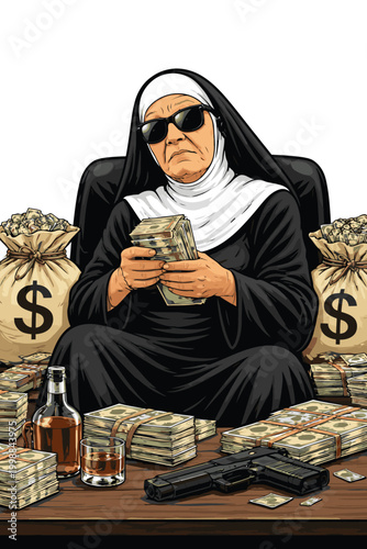 vector illustration of an old nun carrying a firearm