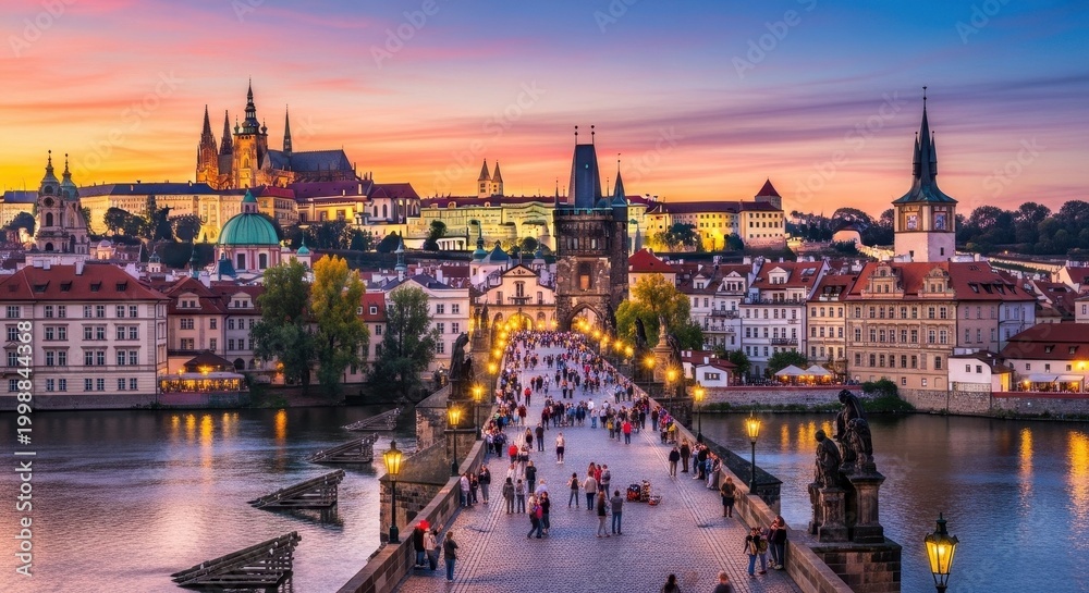 Obraz premium Prague Cityscape at Sunset with Charles Bridge and Vltava River.