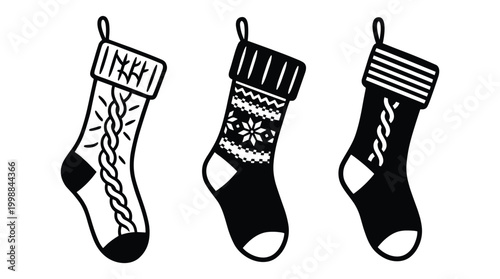 Christmas stocking set with various winter knit patterns and designs.