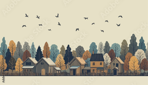 A panoramic watercolor folk art illustration of a charming townscape.