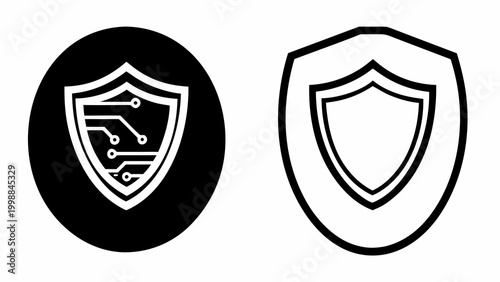 Vector illustration of cybersecurity shield icons black and white for secure technology and data protection concepts