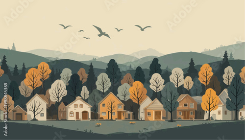 A panoramic watercolor folk art illustration of a charming townscape.