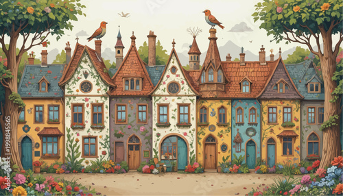 A panoramic watercolor folk art illustration of a charming townscape.
