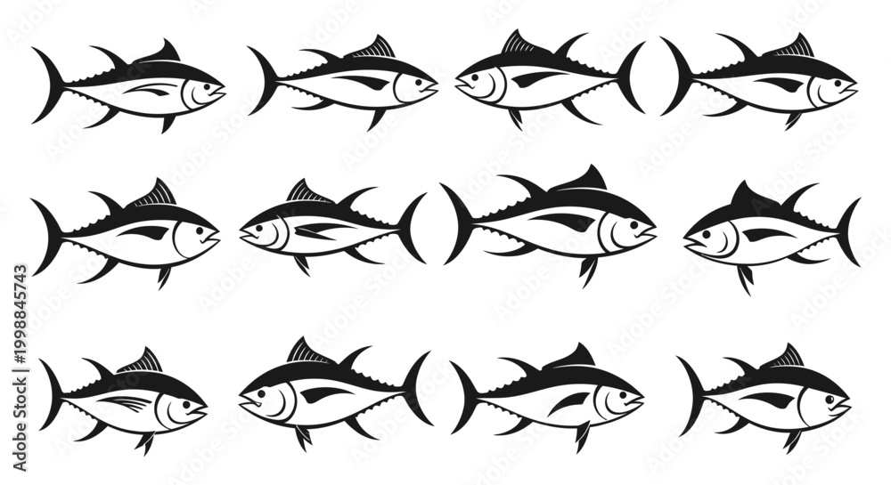 Fototapeta premium Seamless pattern of stylized tuna fish swimming in neat rows, perfect for aquatic-themed backgrounds, textile designs, or educational marine animal illustrations