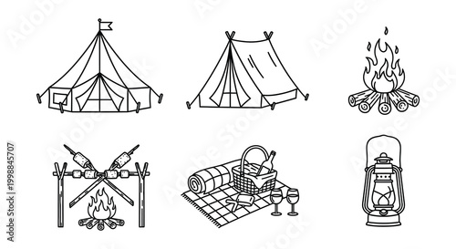Camping elements set hand drawn line art style