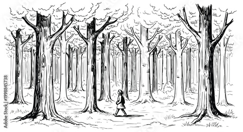 Black and white forest illustration, bare trees, person walking, line art landscape, monochrome scenery