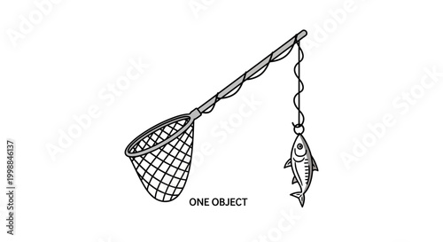 Fishing net with a caught fish hanging from the line, illustration