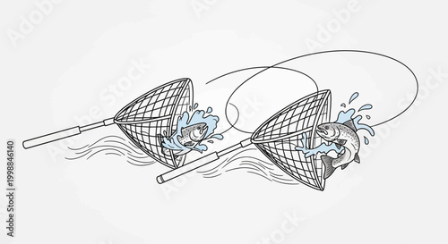 Fishing nets catching jumping fish in water, dynamic action shot