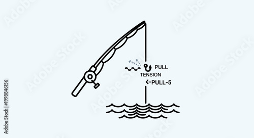 Fishing rod and hook with tension and pull indicators over water surface