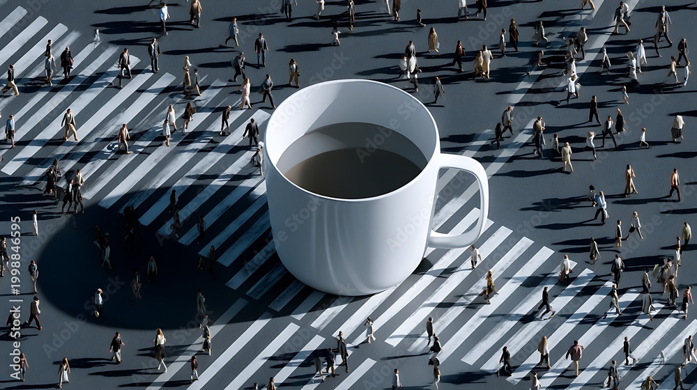 Naklejka premium Large Coffee Cup Overcrowded Street Crossing with People and Shadows