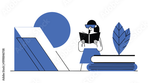 Woman Using Virtual Reality VR Headset for Digital Learning and Research, Concept of Metaverse, Futuristic Education and Scientific Innovation, Modern Minimalist Flat Vector Illustration
