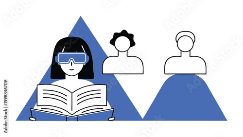 Woman Using Virtual Reality VR Headset for Digital Learning and Research, Concept of Metaverse, Futuristic Education and Scientific Innovation, Modern Minimalist Flat Vector Illustration