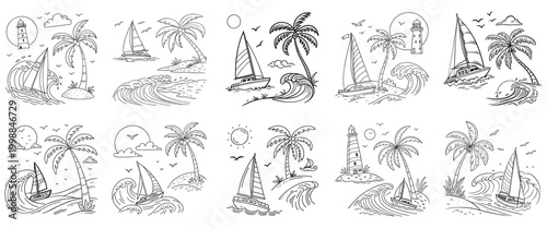 Hand drawn set of different animals in a tropical beach and ocean themed illustration