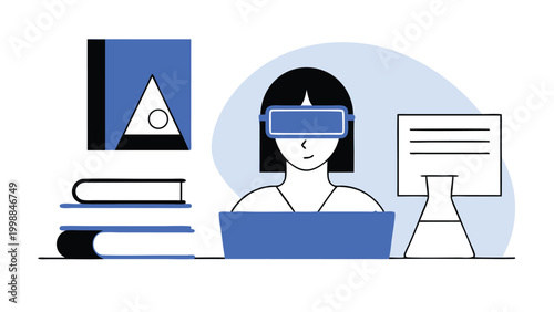 Woman Using Virtual Reality VR Headset for Digital Learning and Research, Concept of Metaverse, Futuristic Education and Scientific Innovation, Modern Minimalist Flat Vector Illustration