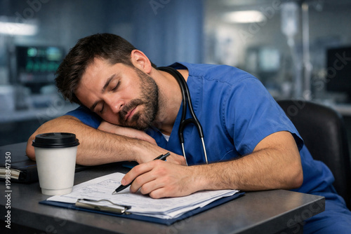 Exhausted Caucasian dark-haired male nurse asleep at hospital desk in blue scrubs, stethoscope, coffee and charts, night shift burnout.