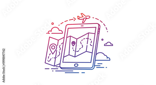 Digital travel planning with a tablet showing a map and an airplane icon
