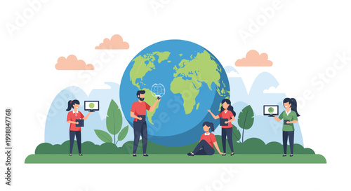 Diverse group of individuals engaging with a large Earth globe, promoting environmental awareness and sustainability through collaborative efforts and digital technology.