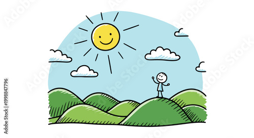 Happy cartoon character, sunny landscape, green hills, vector illustration, joyful scenery