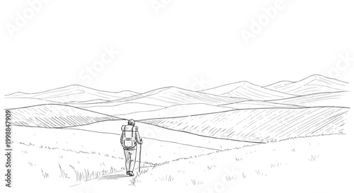 Minimalist hand drawn hiker walking in mountain landscape, sketch of traveler with backpack on trail, outdoor adventure and trekking vector illustration