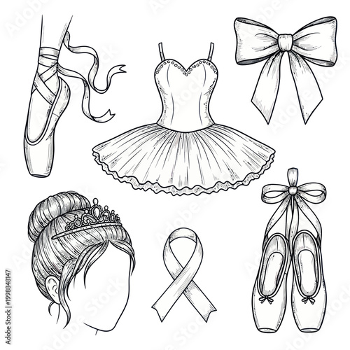 Ballet Dancer's Essentials: Pointe Shoes, Tutu, Tiara, and Ribbon Drawing