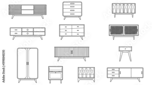 Set of twelve modern wooden furniture for interior storage line art isolated.