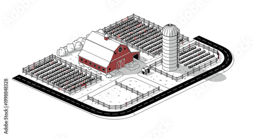 Isometric Farm Scene: Barn, Silo, Fields, and Country Road