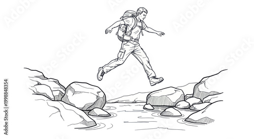 Man hiking, jumping over river stream on rocks, adventurous outdoor activity