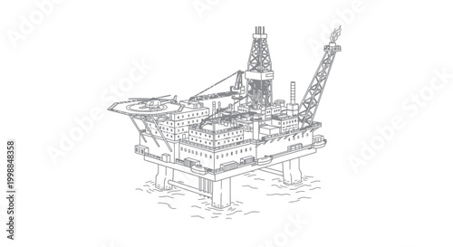 Offshore oil drilling platform illustration, industrial energy extraction, maritime engineering