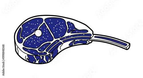 Raw Lamb Chop with Bone, Stylized Blue Marbling, Isolated on White