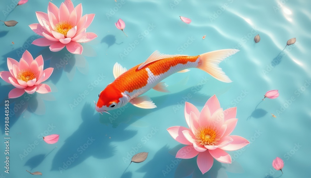 Obraz premium One vibrant orange and white koi fish swims in calm blue water. Pink lotus flowers float on surface. Peaceful Japanese garden scene, serene nature illustration with aquatic life and flora.