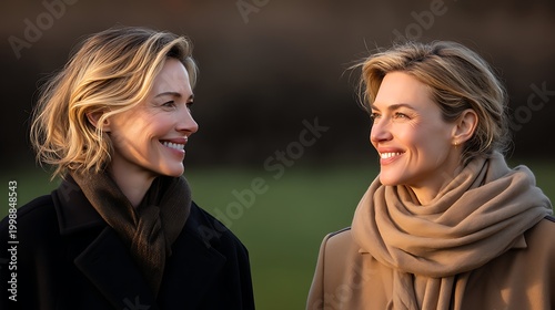 Warm Smiles of Two Women in Outdoor Setting During Golden Hour