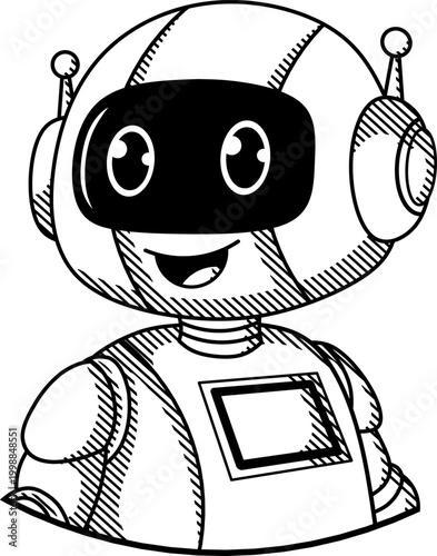 vintage robot character head in hand-drawn line art style. Happy friendly bot with oval head looking to the side,