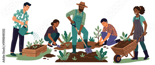 Group of diverse people gardening and planting in backyard community.